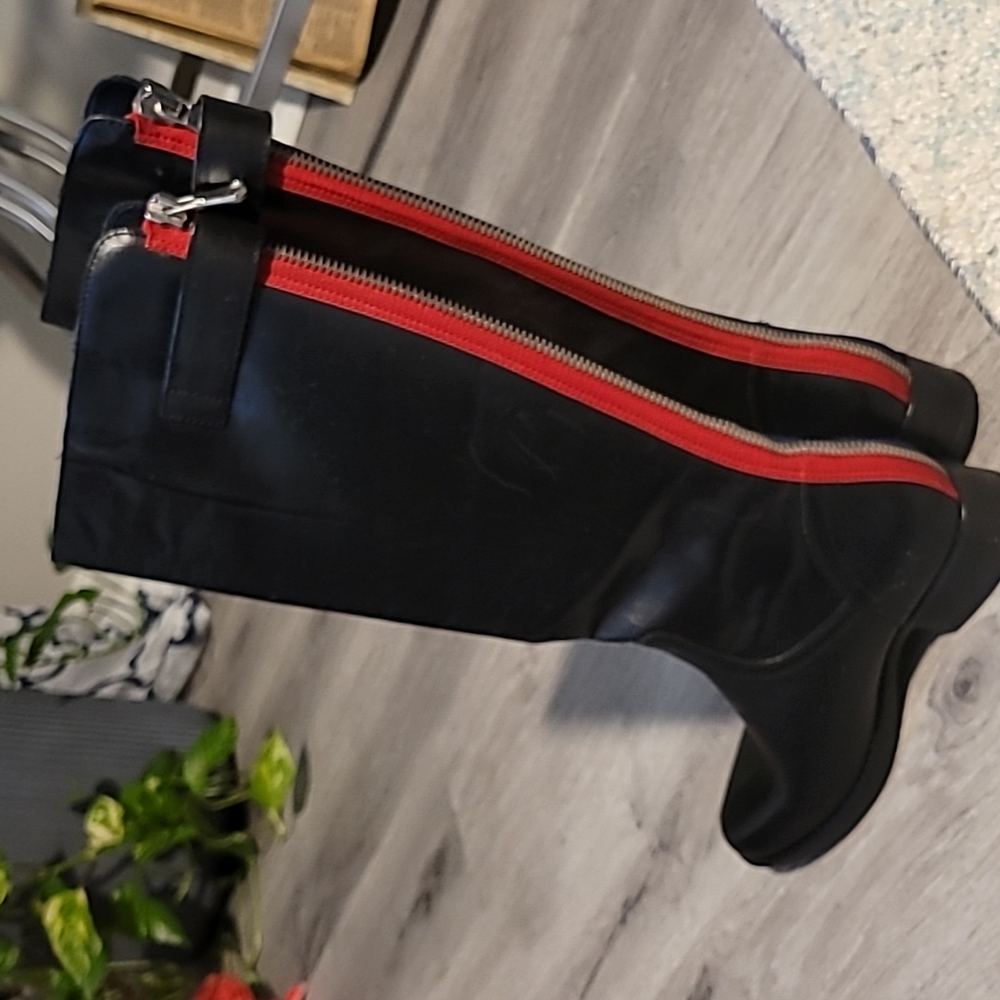 Tall Black Leather Boot with red/blur strip & zipper up the back